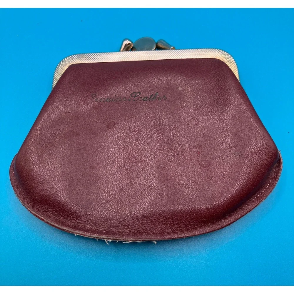 Coin Purse Women Small Brown Genuine Leather Double Kiss Lock Clasp